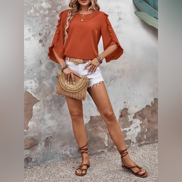 🍂Ruffle Trim Crew Neck Blouse - Picture 3 of 8